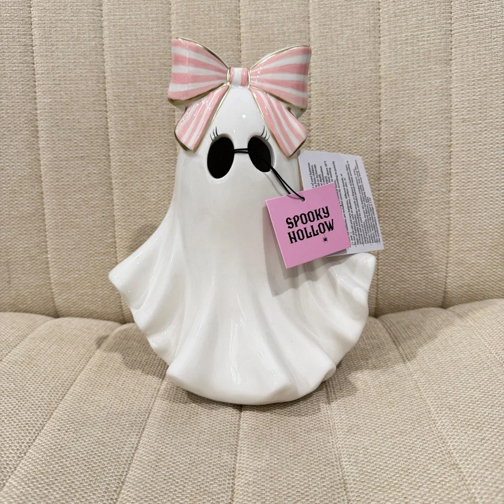 NWT LED Spooky Hollow Ghost Halloween Figurine Ceramic Light Up Stripe Bow Decor